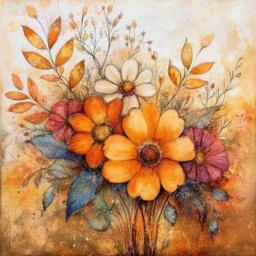 The 10 x 10 Vintage Fall Flowers Sign TTE-078 showcases a vibrant artistic floral bouquet with large orange blooms and smaller pink and white flowers. A warm gradient of yellows and browns enhances its autumnal theme.
