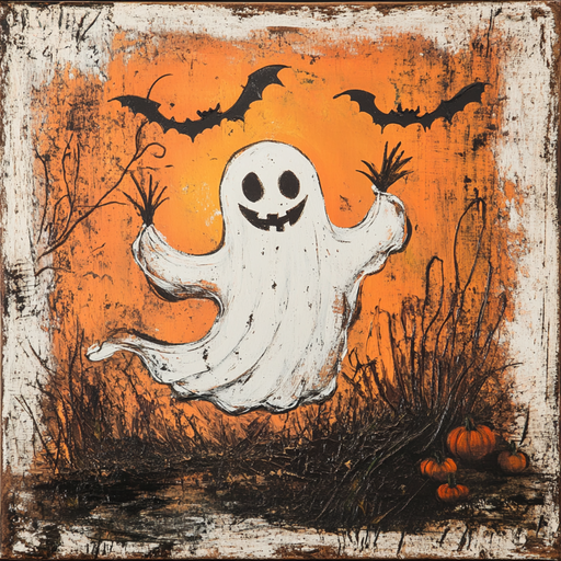 The 10 x 10 Vintage Halloween Ghost Sign TTE-034 features a cheerful ghost on an orange background, with bats above and pumpkins nestled among trees and brambles. Its rustic texture makes it an enchanting addition to any metal sign collection.