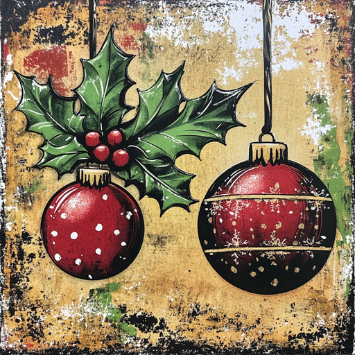 This 10" x 10" Vintage Hanging Christmas Ornaments Sign (TTE-132) showcases two gracefully hanging red Christmas ornaments. One ornament is adorned with white polka dots and holly leaves with berries, while the other features elegant gold snowflake patterns. The rustic, textured background in shades of yellow, green, and red enhances the charm of this metal sign scene.