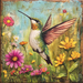The 10 x 10 Vintage Hummingbird Sign TTE-242 features a vibrant painting of a hummingbird with detailed green and white feathers and purple-tipped wings hovering among bright pink, yellow, and orange flowers on a textured blue and green background.