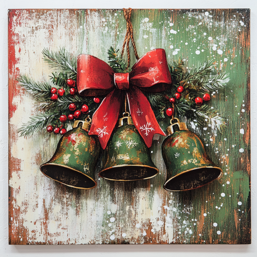The 10 x 10 Vintage Jingle Bells Sign TTE-087 features three green jingle bells with snowflake patterns hanging from a red bow, accented by sprigs of evergreen and red berries. It evokes an old-fashioned holiday charm set against a rustic wooden background dusted with white snow.