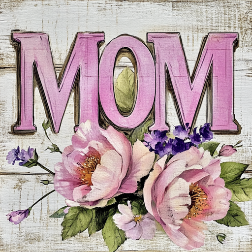 The image features a 10 x 10 Vintage Mom Sign (TTE-217) displaying MOM in large pink letters on rustic wood, adorned artistically with pink and lavender flowers and green leaves.