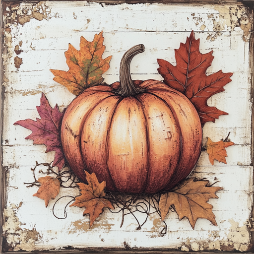 The 10 x 10 Vintage Fall Pumpkin & Leaves Sign (TTE-274) features a large pumpkin on a rustic white wood surface with autumn leaves in rust and burgundy hues, creating a weathered, nostalgic fall look.