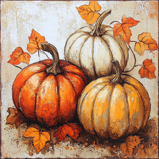 The 10 x 10 Vintage Pumpkins & Leaves Sign TTE-287 features orange, white, and yellow pumpkins with autumn leaves on a textured beige background—ideal for cozy home decor.