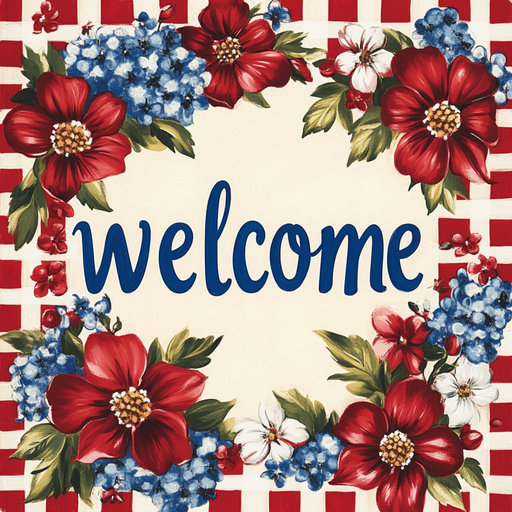 The 10 x 10 Vintage Red/Blue Welcome Sign TTE-254 features a classic design with red magnolias, white flowers, and blue hydrangeas on a red and white checkered backdrop, offering enduring charm in a palette of red, blue, cream, and green.