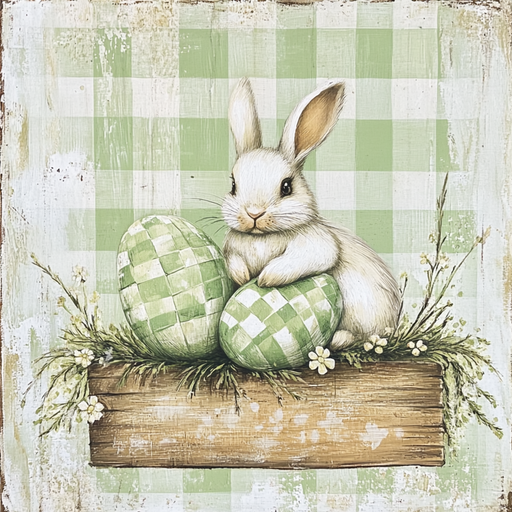 The 10 x 10 Vintage Sage Green Bunny Sign TTE-171 depicts a white rabbit with pink ears sitting on a wooden plank, holding two green checkered eggs. The background features a sage green and white checkered pattern decorated with small white flowers.