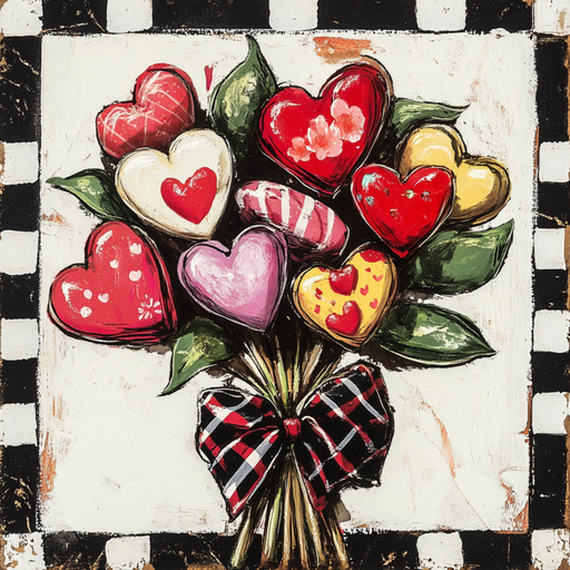 A vintage bouquet of vibrant heart-shaped cookies, artfully arranged to resemble flowers, accented with green leaves and bound with a black-and-red checkered bow, all elegantly set in the 10" x 10" Vintage Valentine Bouquet Sign TTE-124 featuring a charming metal frame against a black-and-white checkered border.