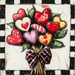 A vintage bouquet of vibrant heart-shaped cookies, artfully arranged to resemble flowers, accented with green leaves and bound with a black-and-red checkered bow, all elegantly set in the 10" x 10" Vintage Valentine Bouquet Sign TTE-124 featuring a charming metal frame against a black-and-white checkered border.