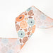 The 2.5 Natural and Multi Pumpkin Frenzy Wired Ribbon (WR-10367-063-10) features orange pumpkins, blue flowers, and brown pies on a white background with natural multi fall colors, curled in a loose wave.