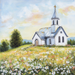 The 10 x 10 Watercolor Church Sign TTE-238 features a tranquil scene of a small white church with a steeple and cross, surrounded by wildflowers in a lush meadow under a blue sky with pastel clouds, and accompanied by an elegant tree.