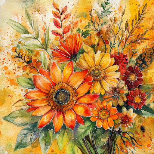 The 10 x 10 Watercolor Fall Flowers Sign TTE-077 showcases a vibrant autumn bouquet with sunflowers, daisies, and wildflowers in orange, yellow, and red. The textured background of warm tones with splatters enhances its lively feel.