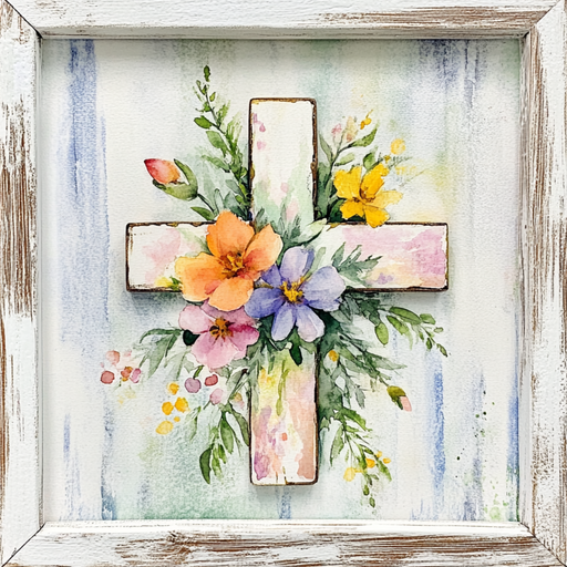 The 10 x 10 Watercolor Floral Cross Sign, TTE-143, features a rustic white cross with weathered edges. It boasts vibrant orange, purple, yellow, and pink flowers with green leaves and is elegantly framed in distressed white wood.