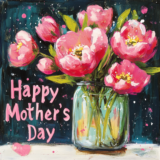 The 10 x 10 Watercolor Happy Mothers Day Sign TTE-224 features a painted bouquet of pink flowers in a glass jar next to Happy Mothers Day in pink, set on a dark background with white and pink dots.