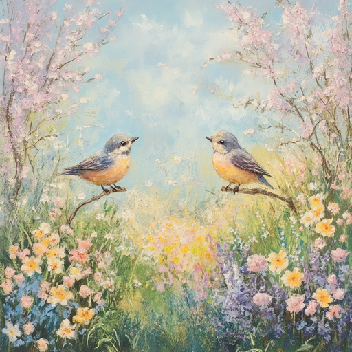 The 10 x 10 Watercolor Spring Birds Sign (TTE-141) features a serene springtime scene with two birds perched on branches amidst blooming pink and yellow flowers, set against a light blue sky with scattered clouds.