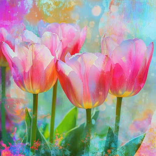 The 10 x 10 Watercolor Tulips Sign TTE-142 features vibrant pink tulips with white edges against a colorful abstract background, blending pink, blue, and green hues for a dreamy artistic effect.