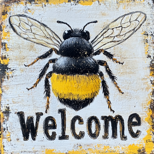 The 10 x 10 Welcome Bee Sign TTE-206 displays an illustrated bee with detailed wings and a yellow and black body hovering over the word welcome, set against a textured background with scattered yellow and black paint splatters.