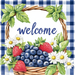 The TTE-252 Welcome Blueberries & Strawberries sign, sized 10 x 10, features an illustration of a basket with blueberries, strawberries, and daisies surrounded by green leaves. Welcome in blue script adorns the top against a blue and white checkered background.