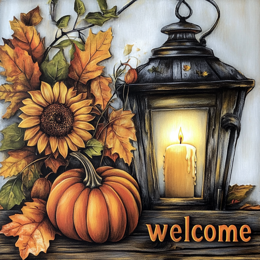 The 10 x 10 Welcome Fall Lantern Sign TTE-285 features a glowing lantern, autumn leaves, a sunflower, and a pumpkin. Welcome in orange decorates the bottom right—perfect for adding cozy autumn charm to your home.