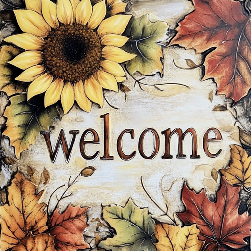 The 10 x 10 Welcome Fall Sunflowers Sign (TTE-282) is a painted metal sign with a large sunflower, colorful autumn leaves, and welcome in brown letters on a cream background.