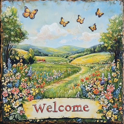 The vibrant meadow scene with flowers and butterflies captures springs essence, featuring rolling hills under a partly cloudy sky. A winding path leads to a 10 x 10 Welcome Spring Butterflies Sign (TTE-153) that warmly spells out Welcome.