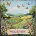 The vibrant meadow scene with flowers and butterflies captures springs essence, featuring rolling hills under a partly cloudy sky. A winding path leads to a 10 x 10 Welcome Spring Butterflies Sign (TTE-153) that warmly spells out Welcome.
