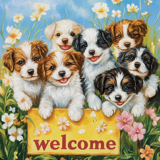 Seven fluffy puppies with mixed brown, white, and black fur play in a flower field under a blue sky. They hold an inviting 10 x 10 Welcome Spring Puppies Sign TTE-210, featuring cheerful yellow and red colors, celebrating springs arrival.