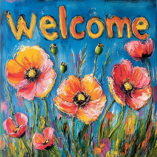The 10 x 10 Welcome Watercolor Flowers Sign TTE-207 features colorful orange and pink poppies on a blue background. Welcome shines in bright yellow and orange, resembling a cheerful sign, with bold textured brushstrokes creating a vibrant watercolor flowers effect.