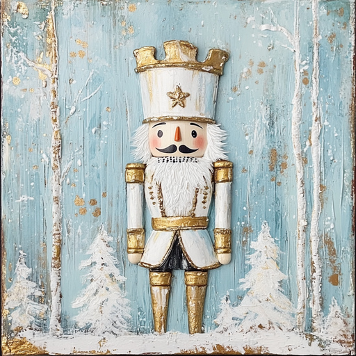 The 10" x 10" White & Gold Nutcracker Sign TTE-133 features a decorative nutcracker figure dressed in white and gold, set against a blue background with snow-covered trees and shimmering metal accents, capturing the essence of the classic nutcracker sign.