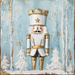 The 10" x 10" White & Gold Nutcracker Sign TTE-133 features a decorative nutcracker figure dressed in white and gold, set against a blue background with snow-covered trees and shimmering metal accents, capturing the essence of the classic nutcracker sign.