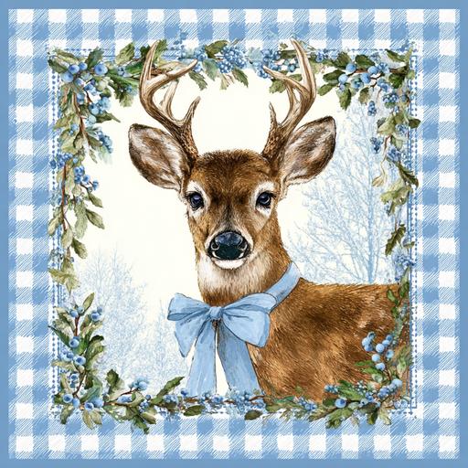 The 10 x 10 Blue Gingham Winter Deer Sign TTE-323 features a deer with antlers and a big blue bow, framed by blue plaid and blueberry branches—perfect for adding charming winter decor to your space.