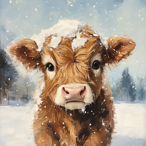 A fluffy brown cow stands in a snowy landscape, with snowflakes resting gently on its head. The scene evokes the tranquility of the 10" x 10" Winter Highland Cow Sign TTE-110, with blurred trees under the cloudy winter sky—an image as serene and enduring as the metal used in TTE-110.