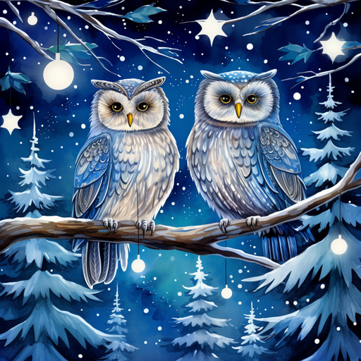 Two owls with blue and white feathers sit on a snowy branch amid glowing stars on this charming 10 x 10 Blue Winter Owls Sign TTE-328—perfect for magical seasonal décor.