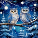 Two owls with blue and white feathers sit on a snowy branch amid glowing stars on this charming 10 x 10 Blue Winter Owls Sign TTE-328—perfect for magical seasonal décor.