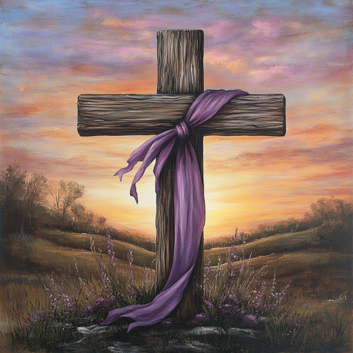 The 10 x 10 Wooden Easter Cross Sign TTE-192 features a cross draped with purple cloth, standing in a grassy field at sunrise with vibrant pink, orange, and purple skies—a stunning Easter decoration.