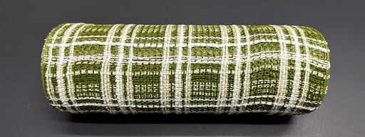 A rolled-up piece of 10X10Y Moss Jute-Cream Fuzz Plaid Mesh XB105210-08 rests on a smooth, dark surface. This jute-like material has a green and white plaid grid pattern that creates a textured look.