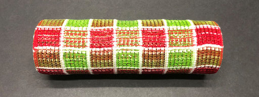 A 10"X10Y roll of Red-Lime Fuzz Snow Chex XB105810-09, featuring a woven pattern in red, green, white, and brown with a shiny texture and colors arranged in a repeating sequence, sits on a dark surface.