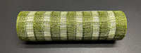 A roll of 10X10Y Moss-Cream Small Chex Plaid Mesh XB235510-08, featuring interwoven green and white plaid, rests on a dark gray background, showcasing its layered and textured look.