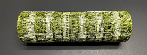 A roll of 10X10Y Moss-Cream Small Chex Plaid Mesh XB235510-08, featuring interwoven green and white plaid, rests on a dark gray background, showcasing its layered and textured look.