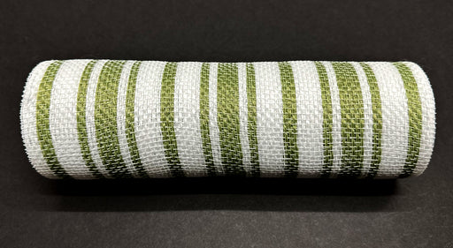 The White-Moss Ticking Fabric Mesh (10X10Y XB240310-08) is elegantly showcased with striking alternating white and moss stripes against a black background.