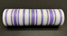 A 10X10Y cylindrical mesh roll named White-Lavender Ticking Fabric Mesh features alternating white and lavender vertical stripes on a solid black background (XB240310-30).