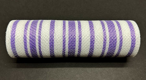 A 10X10Y cylindrical mesh roll named White-Lavender Ticking Fabric Mesh features alternating white and lavender vertical stripes on a solid black background (XB240310-30).
