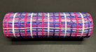 A cylindrical object is constructed from a Purple-Fuchsia-Turquoise Wide Weave Mesh in a 10X10Y pattern, displayed against a black background.