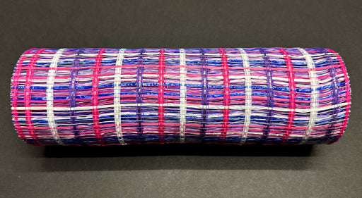 A cylindrical object is constructed from a Purple-Fuchsia-Turquoise Wide Weave Mesh in a 10X10Y pattern, displayed against a black background.