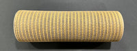 A roll of 10X10Y Tan Breeze Solid Mesh (XB240710-15) with an even grid-like pattern and square holes rests horizontally on a dark surface.