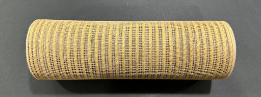 A roll of 10X10Y Tan Breeze Solid Mesh (XB240710-15) with an even grid-like pattern and square holes rests horizontally on a dark surface.