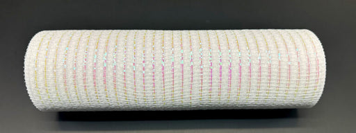 A close-up of the 10X10Y White/Iridescent Breeze Metallic Mesh XB240810-01, featuring a white cylindrical shape and delicate, shimmering iridescence, lying horizontally on a dark gray surface.