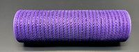 The 10X10Y Purple Breeze Metallic Mesh XB240810-11, a cylindrical roll with a grid-like pattern, is displayed on a dark surface, highlighting its purple shades.