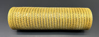 The 10X10Y Gold Breeze Metallic Mesh XB240810-15 roll is shown on a flat, dark gray surface in a top-down view.