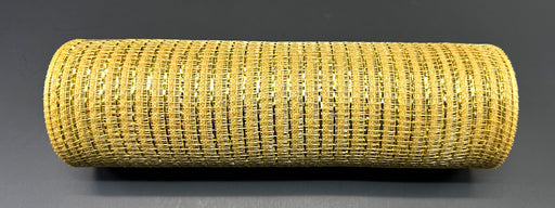 The 10X10Y Gold Breeze Metallic Mesh XB240810-15 roll is shown on a flat, dark gray surface in a top-down view.