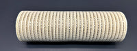Against a dark background stands the 10"X10Y Ivory/Champagne Breeze Metallic Mesh XB240810-18, a cylindrical object crafted from intricately woven material that exudes an elegant ivory hue and features a textured pattern reminiscent of finely interlaced metallic mesh.